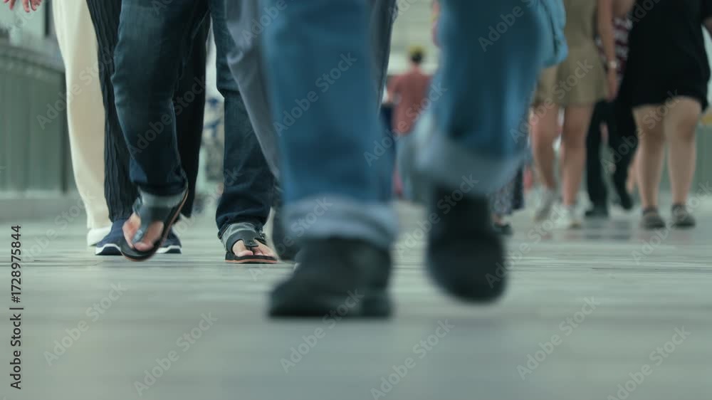 This low angle, groundlevel perspective captures continuous movement of numerous pedestrians walking across lighttoned, smooth paved surface within bustling urban setting. foreground clearly displays
