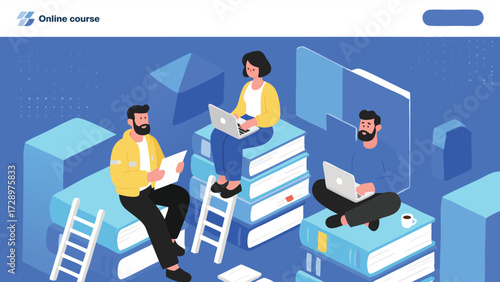 Online course illustration with people and books