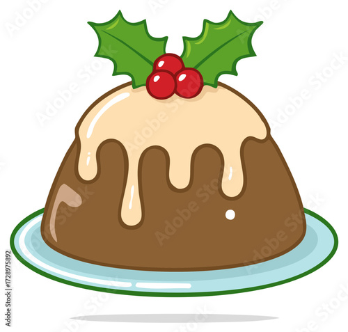 Traditional Christmas Pudding with Brandy Sauce and Holly Decoration