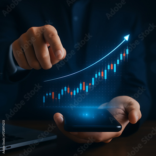Stock market investment with glowing candlestick chart and rising arrow symbolizing financial growth economic strategy and digital trading