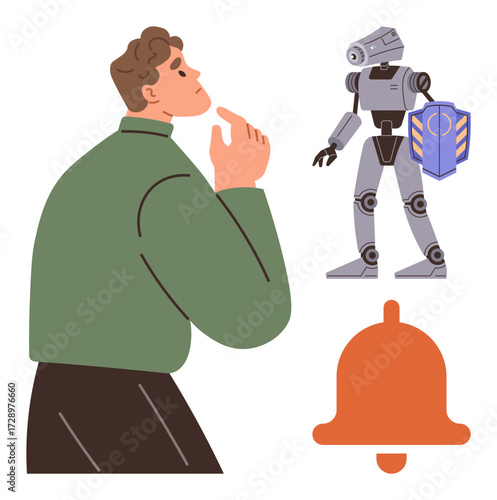 Thoughtful man pondering robot with shield symbolizing cybersecurity and orange bell representing alerts. Ideal for innovation, technology, AI ethics, decision-making, future trends, cybersecurity