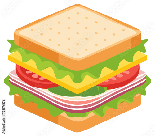 Isometric Sandwich Illustration with Bread, Lettuce, Tomato, Cheese, and Ham