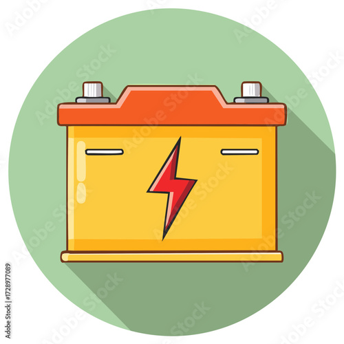 Yellow Car Battery with Red Lightning Bolt Symbol and Green Circle Background