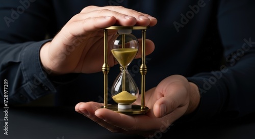 Hands carefully holding an hourglass with flowing sand on a dark table during a calm evening