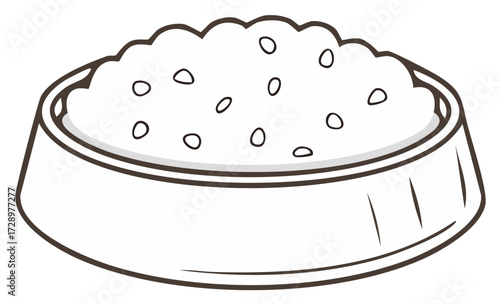 A simple line art illustration of a pet food bowl full of dry kibble for a cat or dog