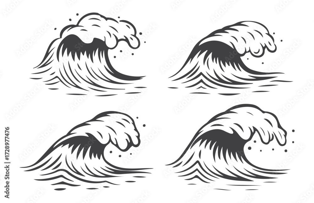 Obraz premium Stylized Ocean Wave Icons – Minimalist Black and White Nature Symbols