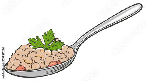 Close-up of a spoonful of chunky stew garnished with fresh parsley leaves