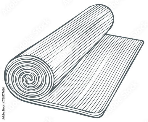 Line art illustration of unrolling exercise mat, fitness equipment with rolled end detail, vector graphic