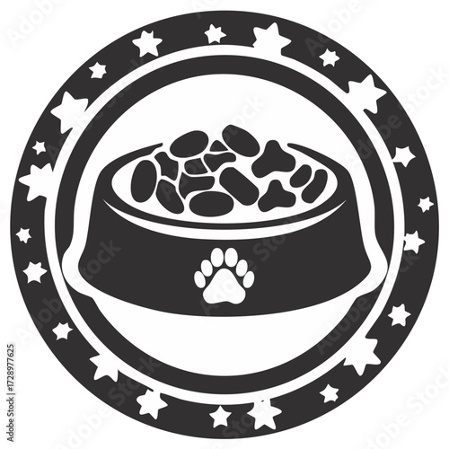 Dog Food Bowl Icon in Star Border Pet Paw Design Monochrome Petshop Logo Vector Illustration