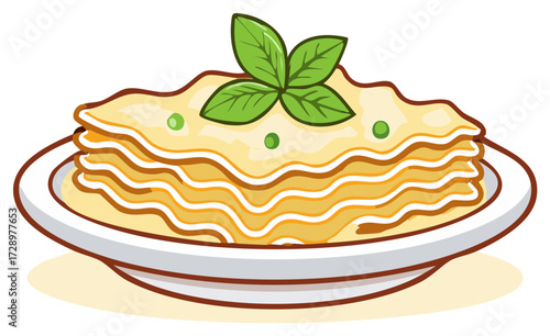Cartoon Lasagna Dish Topped with Basil and Peas on Plate