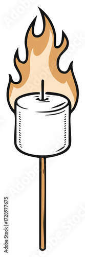 Cartoon illustration of a single marshmallow on a stick catching on fire while being roasted.