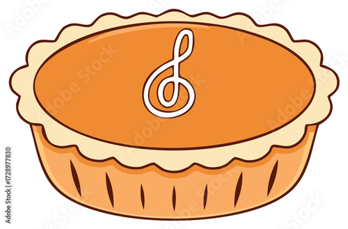 Animated pumpkin pie with a musical treble clef design, celebrating music.