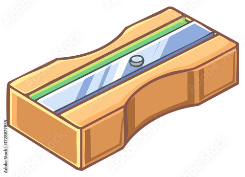 Cartoon Wood Pencil Sharpener with Silver Blade School Supplies Flat Vector