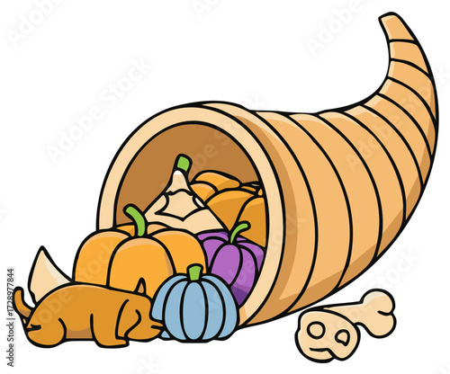 Cartoon image of a cornucopia overflowing with produce with a dog and bone.