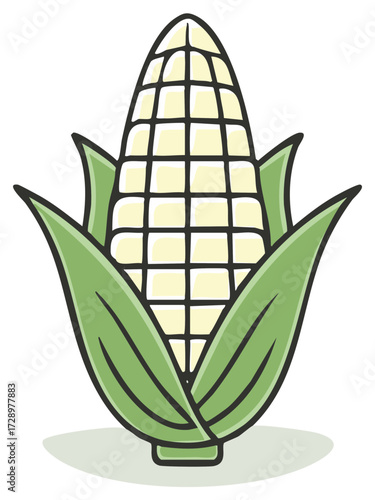 Stylized Illustration of a White Corn Cob with Green Husks