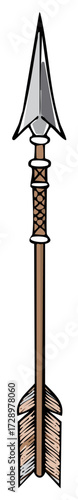 Hand drawn illustration of a rustic wooden arrow with a sharp metal arrowhead and feather fletching