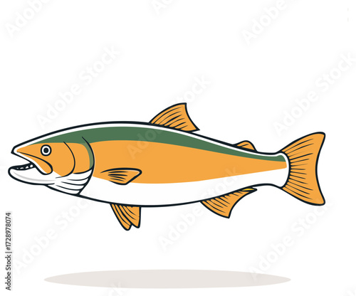 Stylized golden salmon fish vector illustration with green stripe and open mouth