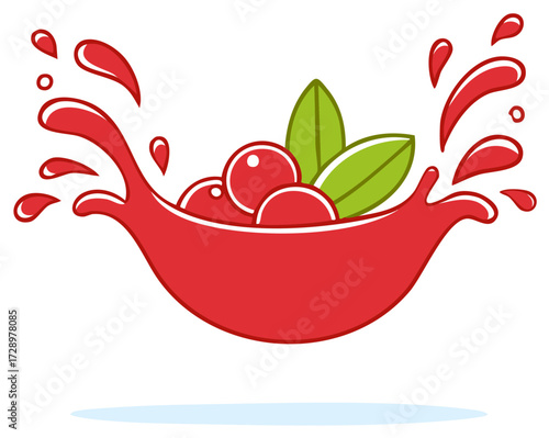 Fresh Red Berries with Green Leaves in a Dynamic Juice Splash Illustration