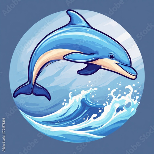 A vibrant illustration of a dolphin leaping playfully from ocean waves within a circular frame.