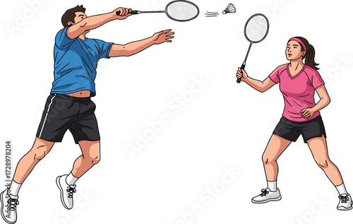 Man and woman playing badminton, active sports lifestyle, competitive match, shuttlecock and racket game, fitness exercise, outdoor activity, healthy couple competition illustration