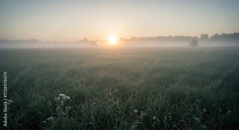 Fototapeta premium Misty Sunrise Over a Grassy Field with Soft Light.