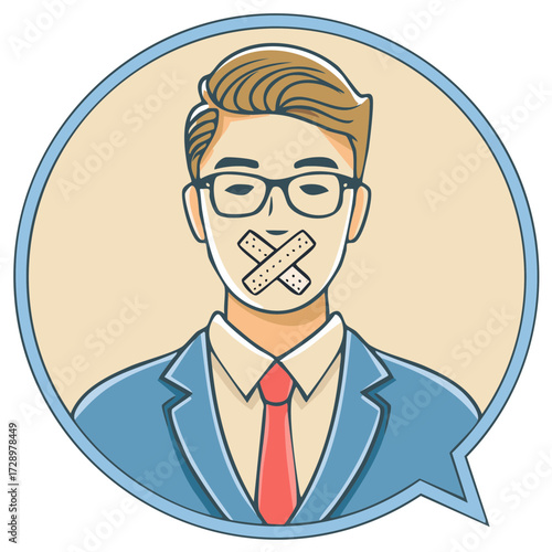 Man in suit with mouth taped shut, representing silence, censorship, or withheld speech in a business context