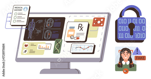 Computer screen displaying medical records, DNA, charts, and prescriptions. Lock and fake warning emphasize data security, privacy, and false info detection. Ideal for healthcare, tech security AI