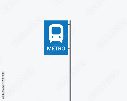 Vector illustration of a metro sign board with train icon and text, commonly used in public transport systems for passenger guidance, city navigation, and urban transit information graphics