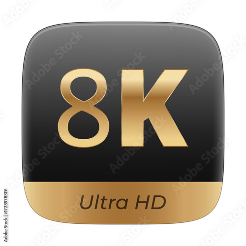 8k ultra hd icon with text in gold on black and gold background.