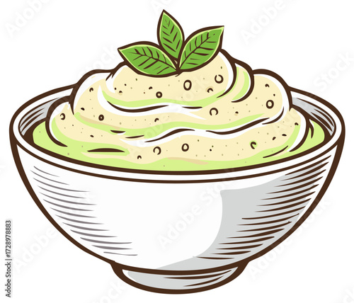 Bowl of Green Dip with Leaves on Top Food Appetizer Illustration