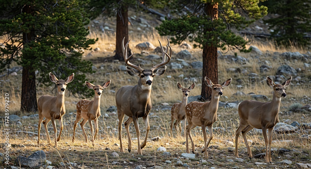 Obraz premium Majestic Mule Deer Buck with Fawns in Forest.