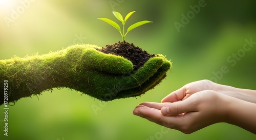 Environmental protection and natural preservation concept. Nurturing the planet for the future. A moss-covered hand of nature offering a seedling to a human hand in bright sunlight