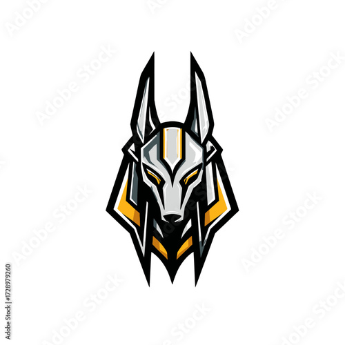 Geometric Anubis head with yellow eyes and accents on a white backdrop