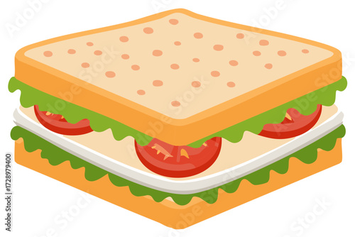 Delicious square sandwich isometric illustration with fresh lettuce tomato and white filling on bread slices