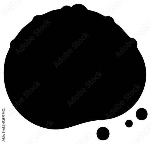 Abstract black organic ink blot shape with irregular edges and small detached fluid drops