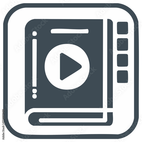 Multimedia book icon with play button for digital learning educational content and interactive media