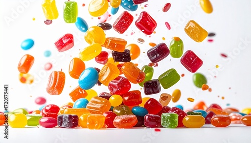Delicious colorful gummy candies falling in playful motion, perfect for sweet treats promotions and vibrant dessert displays that capture joyful moments