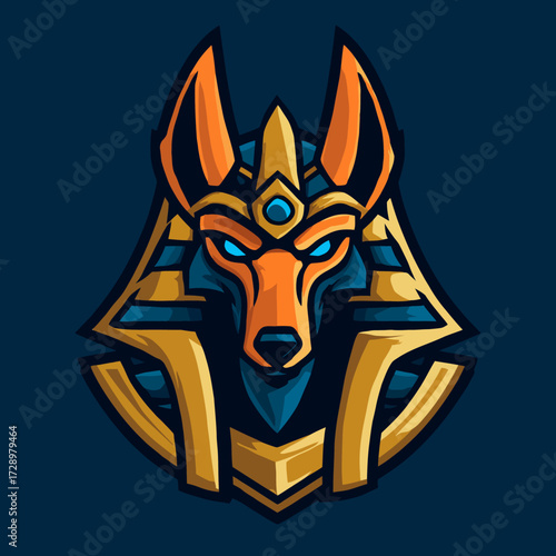 Stylized Anubis head with orange and gold, set against a dark blue background