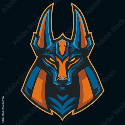 Stylized Egyptian jackal head with blue and orange hues on a dark background