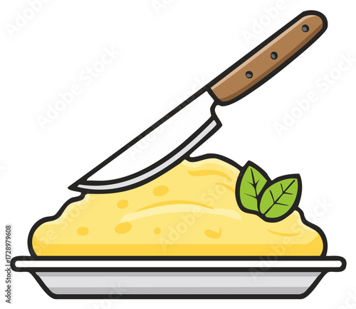 Cartoon mashed potatoes with a knife, mint garnish, served on a plate