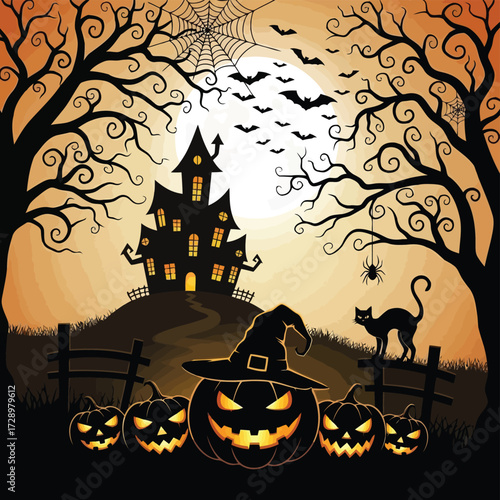 Vector illustration of halloween scene with haunted house, pumpkins, black cat, and bats