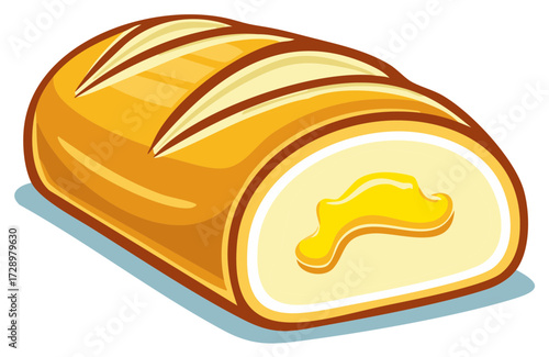 Cartoon illustration of a golden sweet bread loaf with a gooey yellow filling