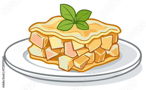 Illustration of appetizing pasta dish with basil leaves on a white plate