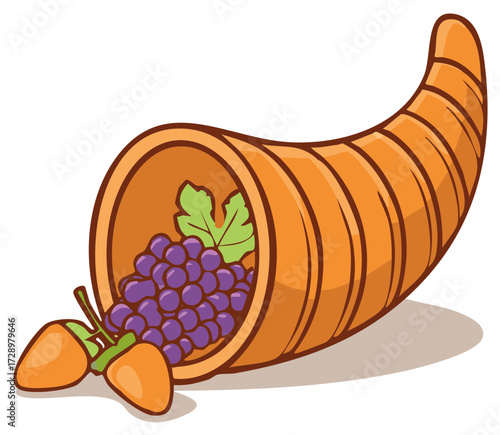 Cornucopia overflowing with grapes and gourds for Thanksgiving celebration or autumnal festival