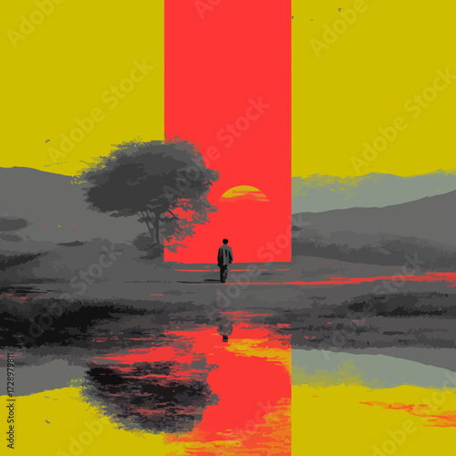 A lone figure walks towards a sunset. A vibrant sky contrasts with a reflective pool