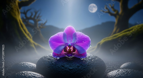 Vibrant purple orchid flower glowing under a magical moonlit spotlight in an enchanting fantasy forest