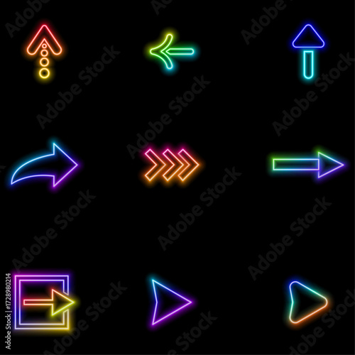 neon style.Arrow icon set. Arrows vector collection. Neon arrow. Black arrows icons. Cursor. Different arrow signs.