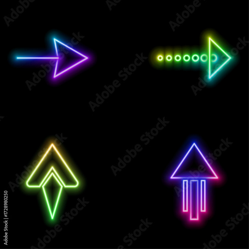 neon style.Collection of neon arrow signs and direction pointers in different styles. Set of many different arrow icons. Isolated vector illustration