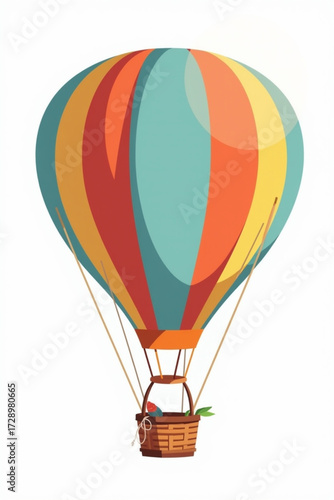 A colorful hot air balloon with a wicker basket, depicted in a cartoon style against a white background.
