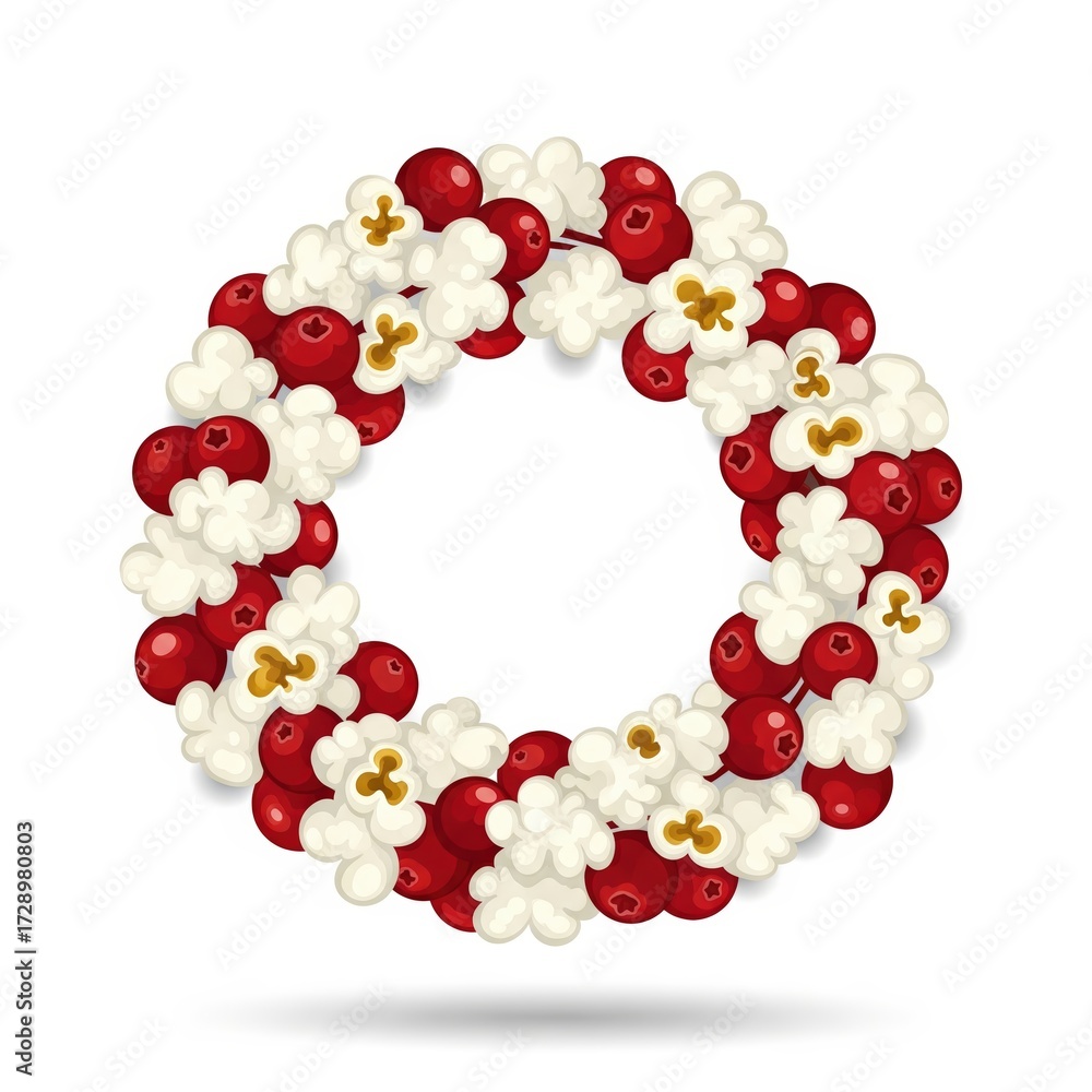 Obraz premium Creative holiday wreath made of popcorn and red berries for festive decor